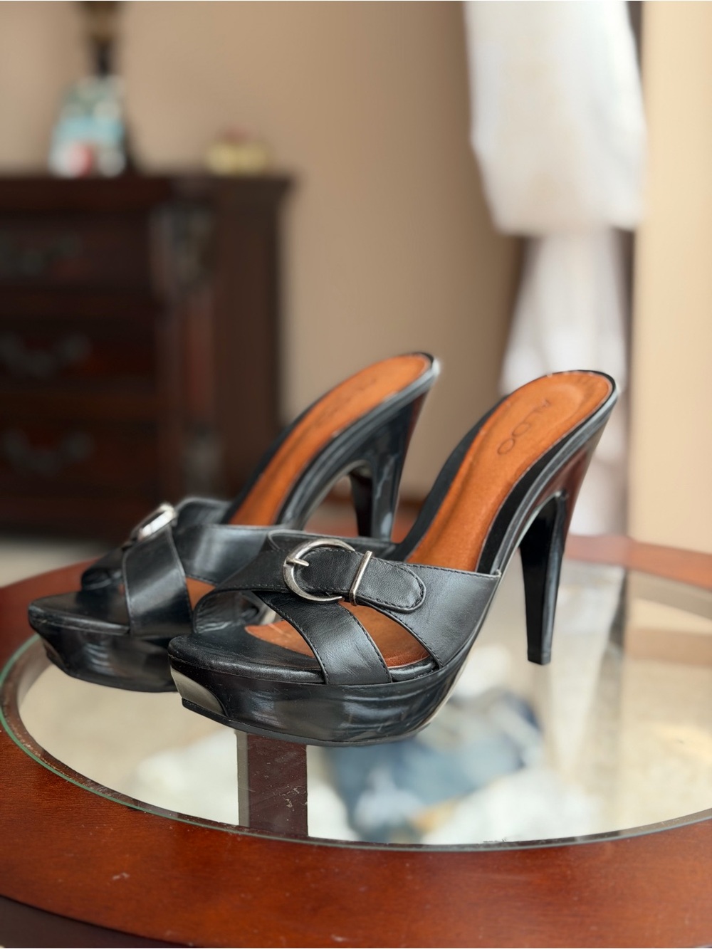 ALDO Women's Black High Heel Slide Sandals with Buckle Made in Brazil